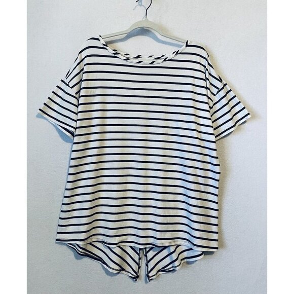 Chicos Top Womens XL Green White Striped Pima Cotton Split Back Short Sleeve - Picture 1 of 6
